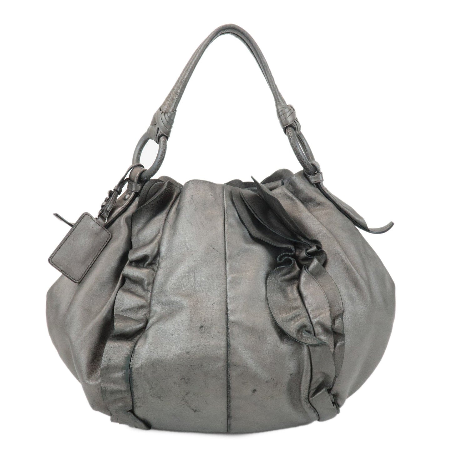 PRADA Leather Gathered 2WAY Shoulder Bag Hand Bag Silver Gray  d