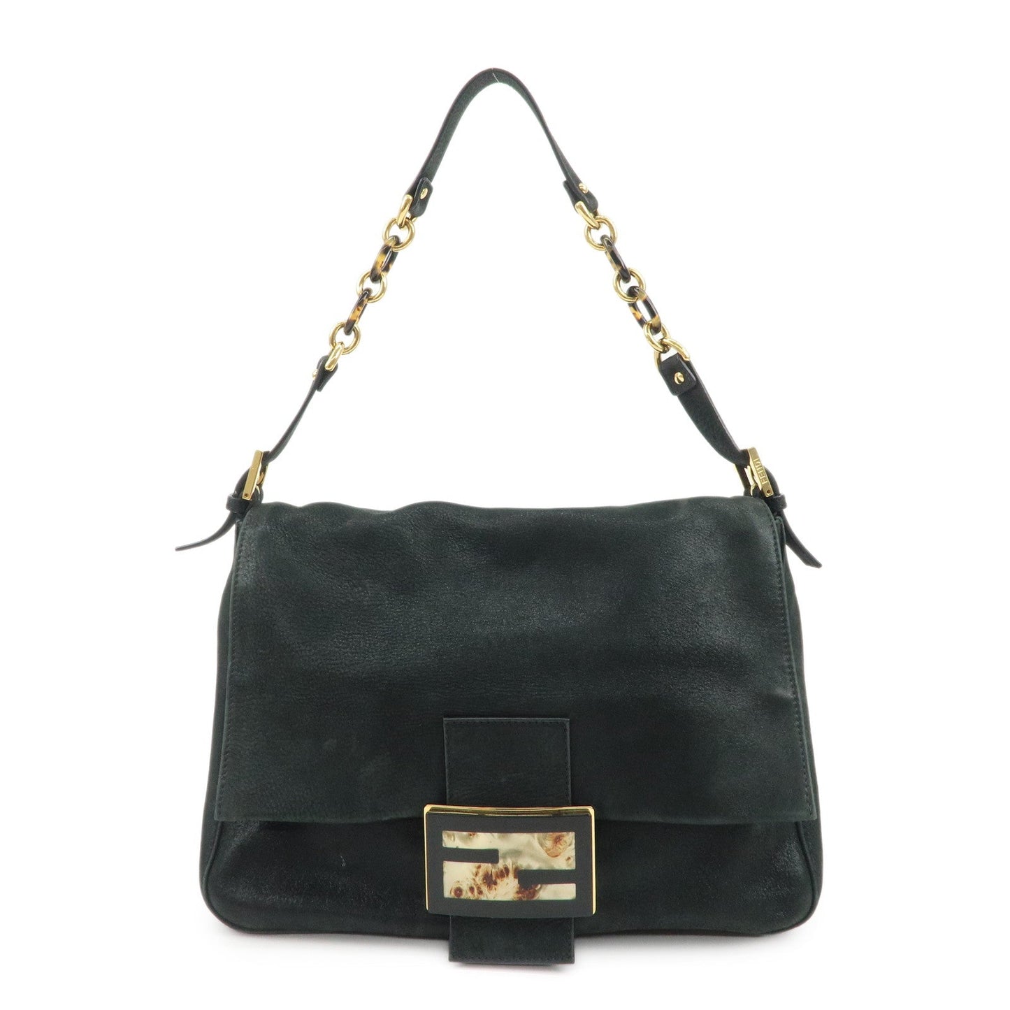FENDI Mamma Baguette Leather Chain Shoulder Bag Gold Black 8BR638  d