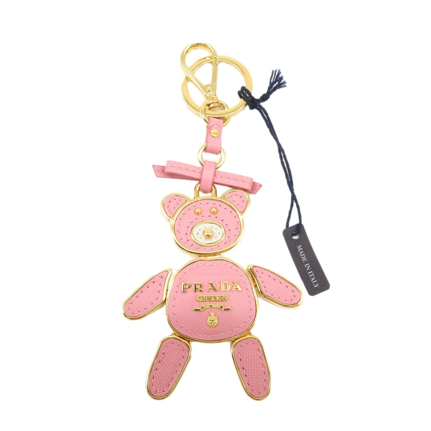 PRADA Saffiano Leather Metal Bear Bag Charm Key Chain Pink  d