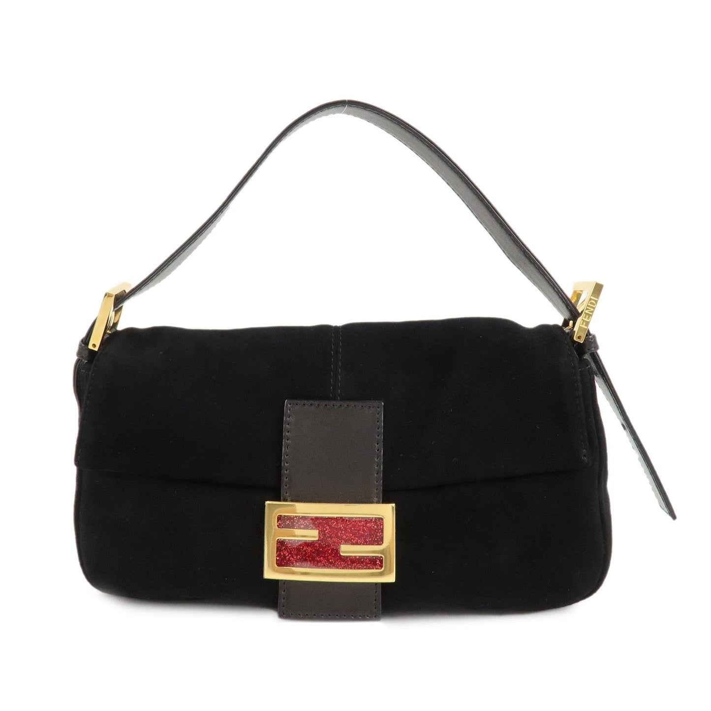 FENDI Mamma Baguette Suede Leather Shoulder Bag Black 26424  d