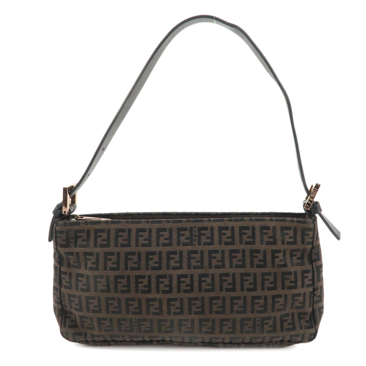FENDI Zucchino Print Canvas Leather Shoulder Bag Brown 8BR042