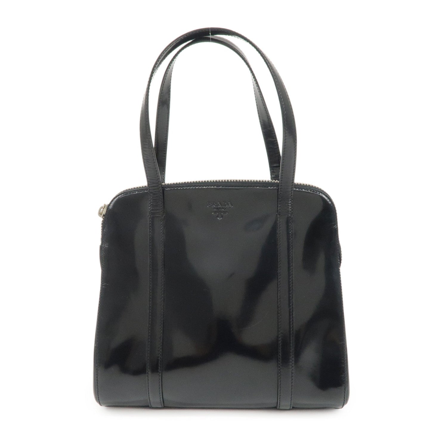 PRADA Patent Leather Tote Bag Hand Bag Black Silver HDW  d