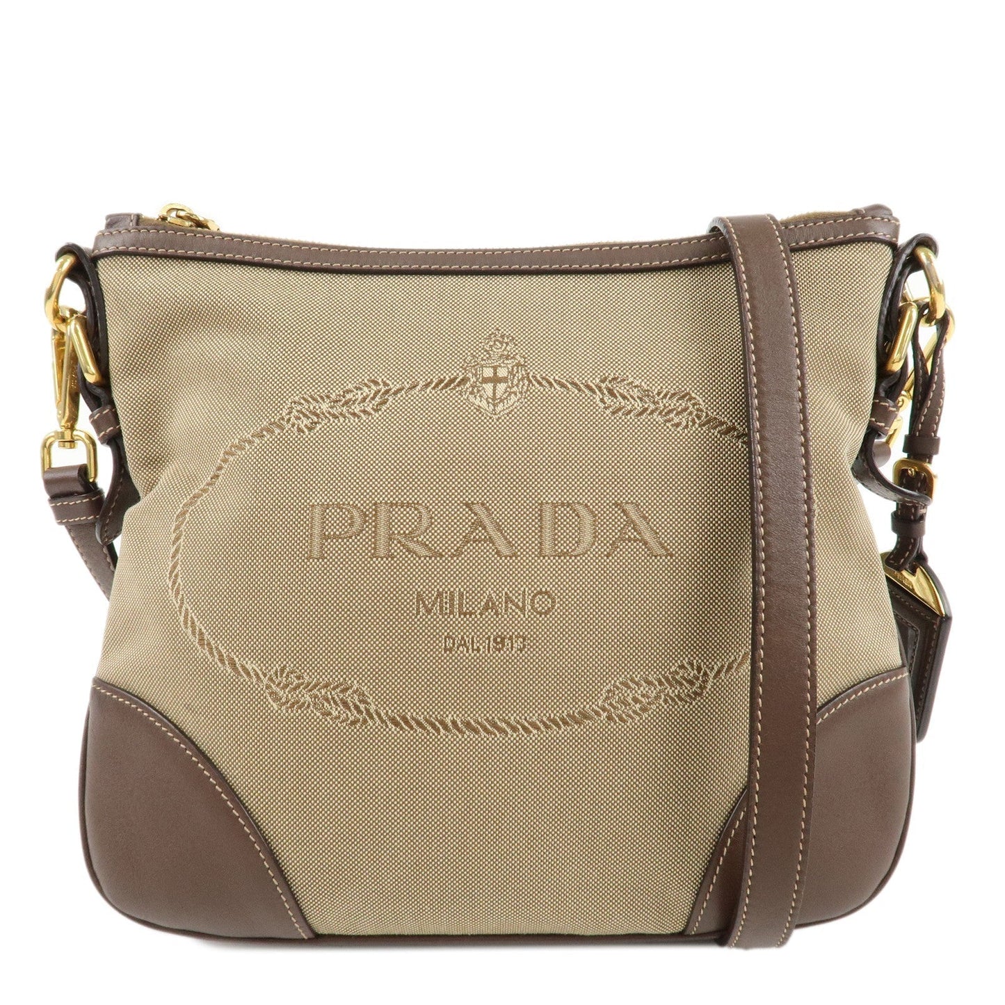 PRADA Jacquard Leather Shoulder Crossbody Bag Beige Brown BT867A  d