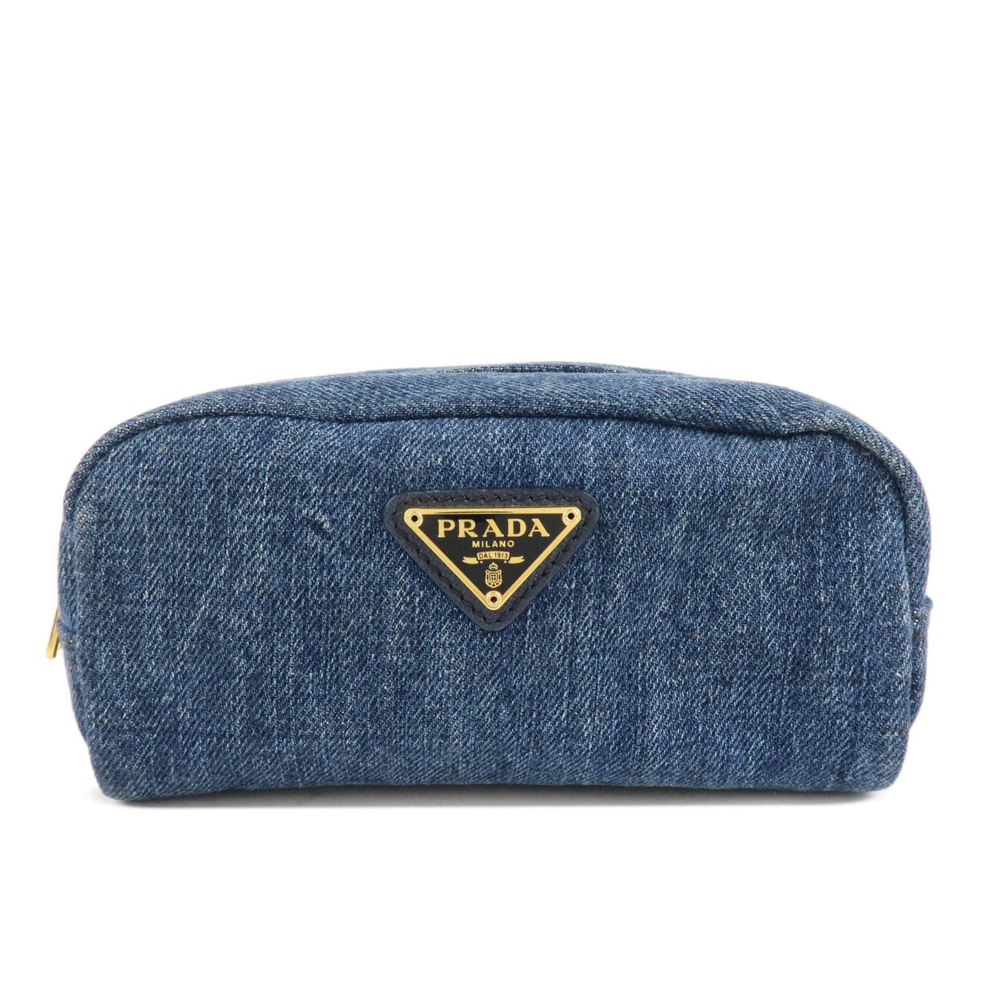 PRADA Triangle Logo Denim Pouch Cosmetic Pouch Blue  d