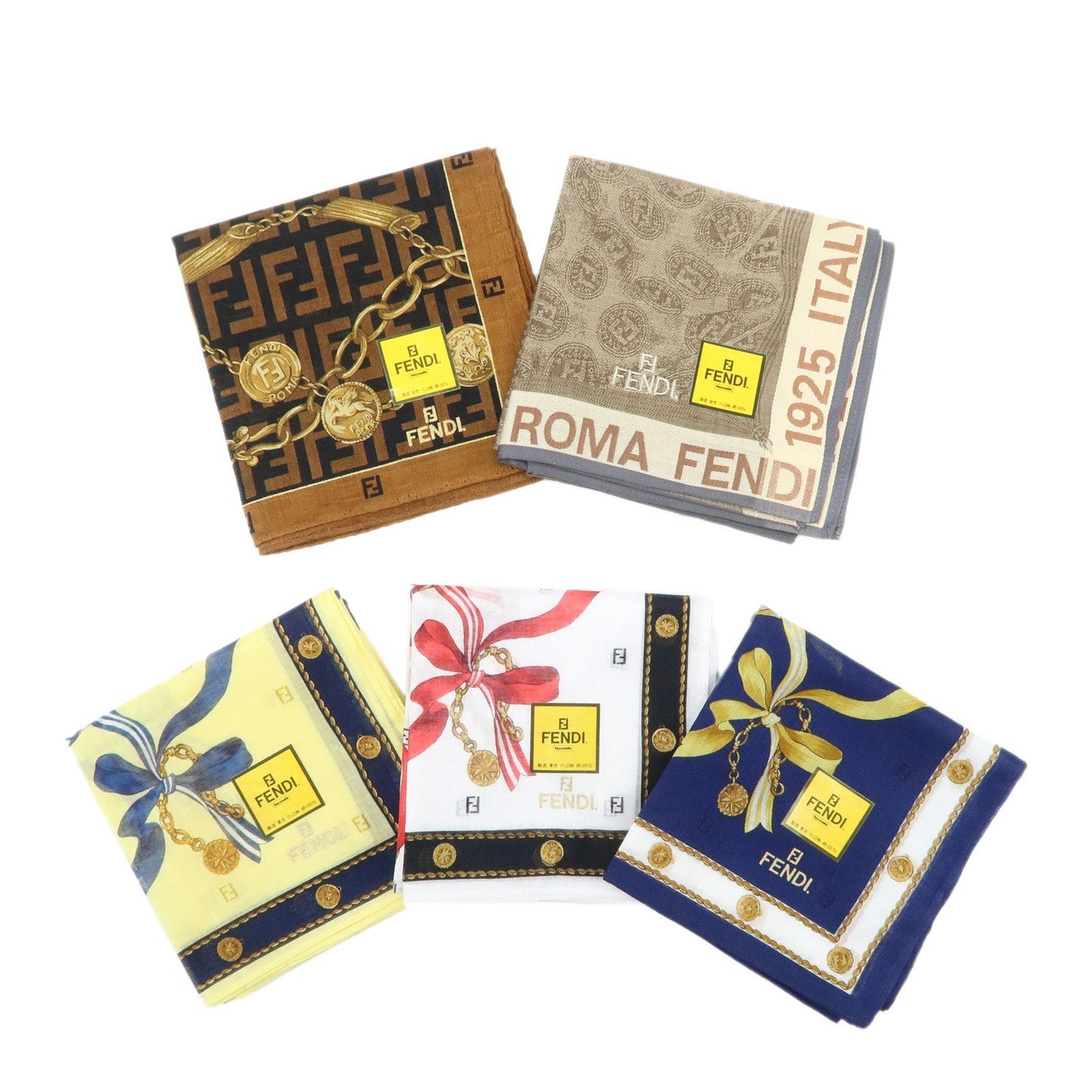FENDI Set of 5 Cotton 100% Handkerchief Brown Beige Yellow White  d