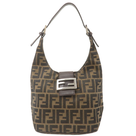FENDI Zucca Canvas Leather Shoulder Bag Khaki Brown Black 26686