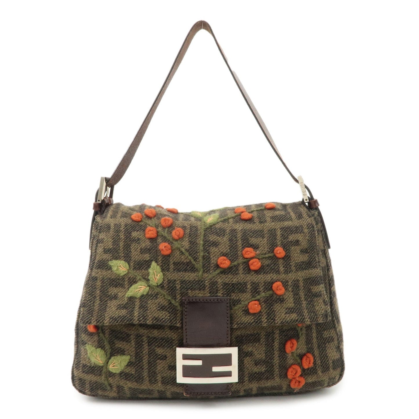FENDI Mamma Baguette Wool Leather Shoulder Bag Tree Motif Khaki  d