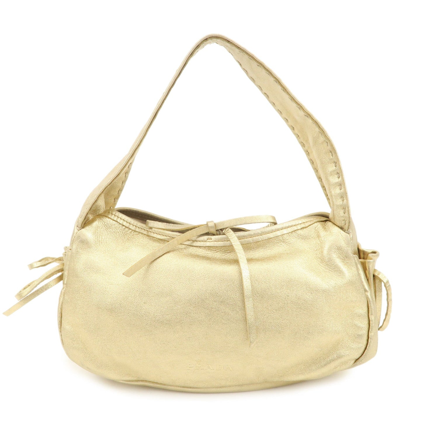 PRADA Leather Ribbon Hand Bag Shoulder Bag Gold  d