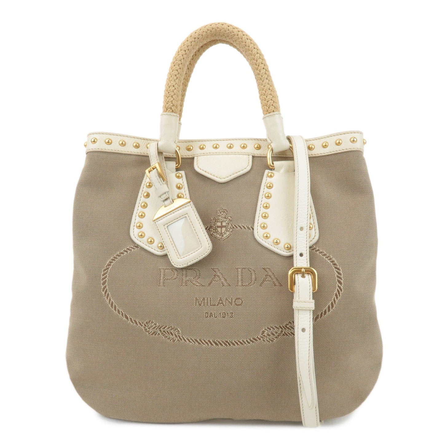 PRADA Canvas Leather 2WAY Logo Studs Hand Bag Beige BN1450  d