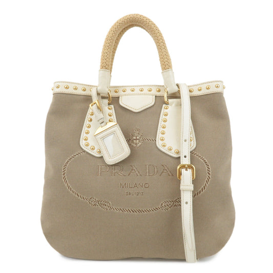 PRADA Canvas Leather 2WAY Logo Studs Hand Bag Beige BN1450  d