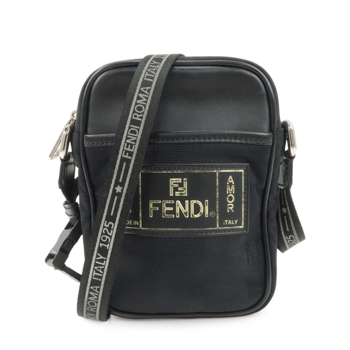 FENDI Pequin Nylon Leather Shoulder Bag Black 7VA456  d