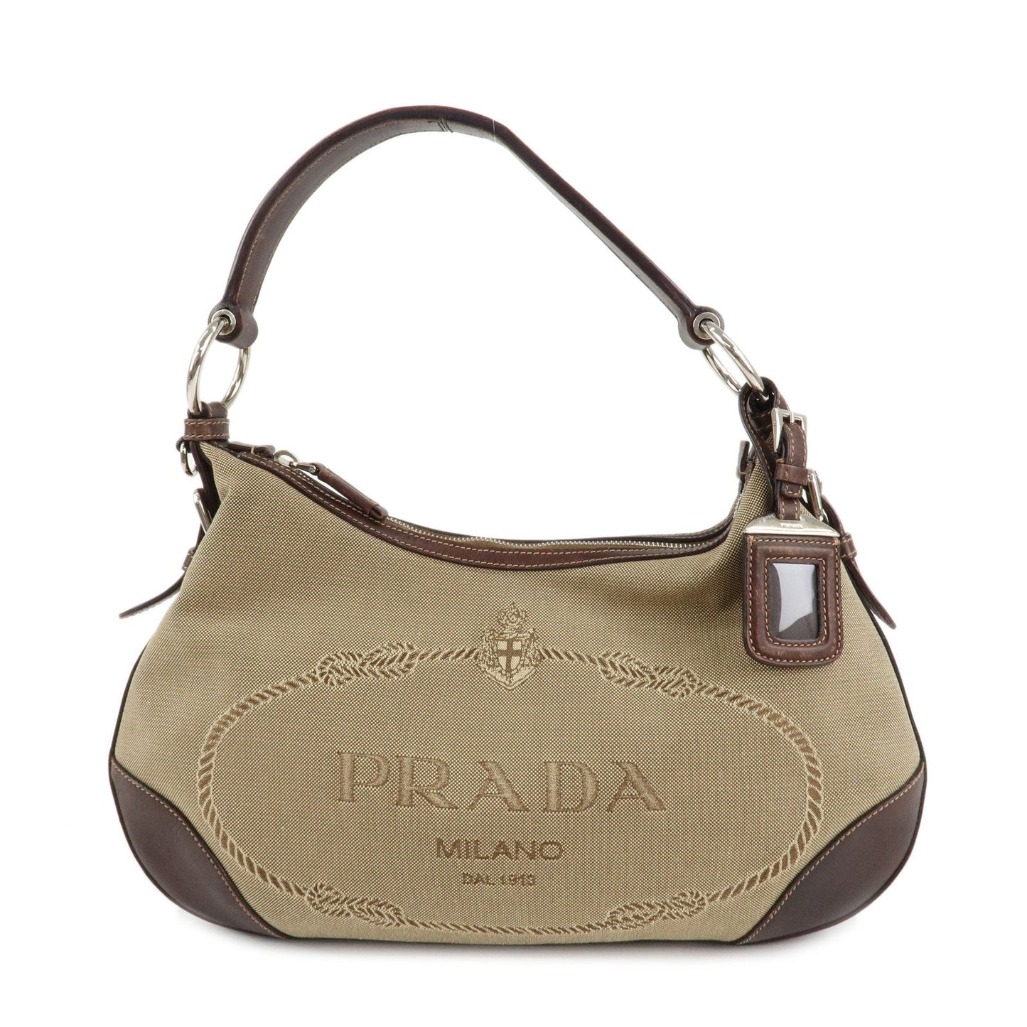 PRADA Logo Jacquard Leather Shoulder Bag Beige Brown  d
