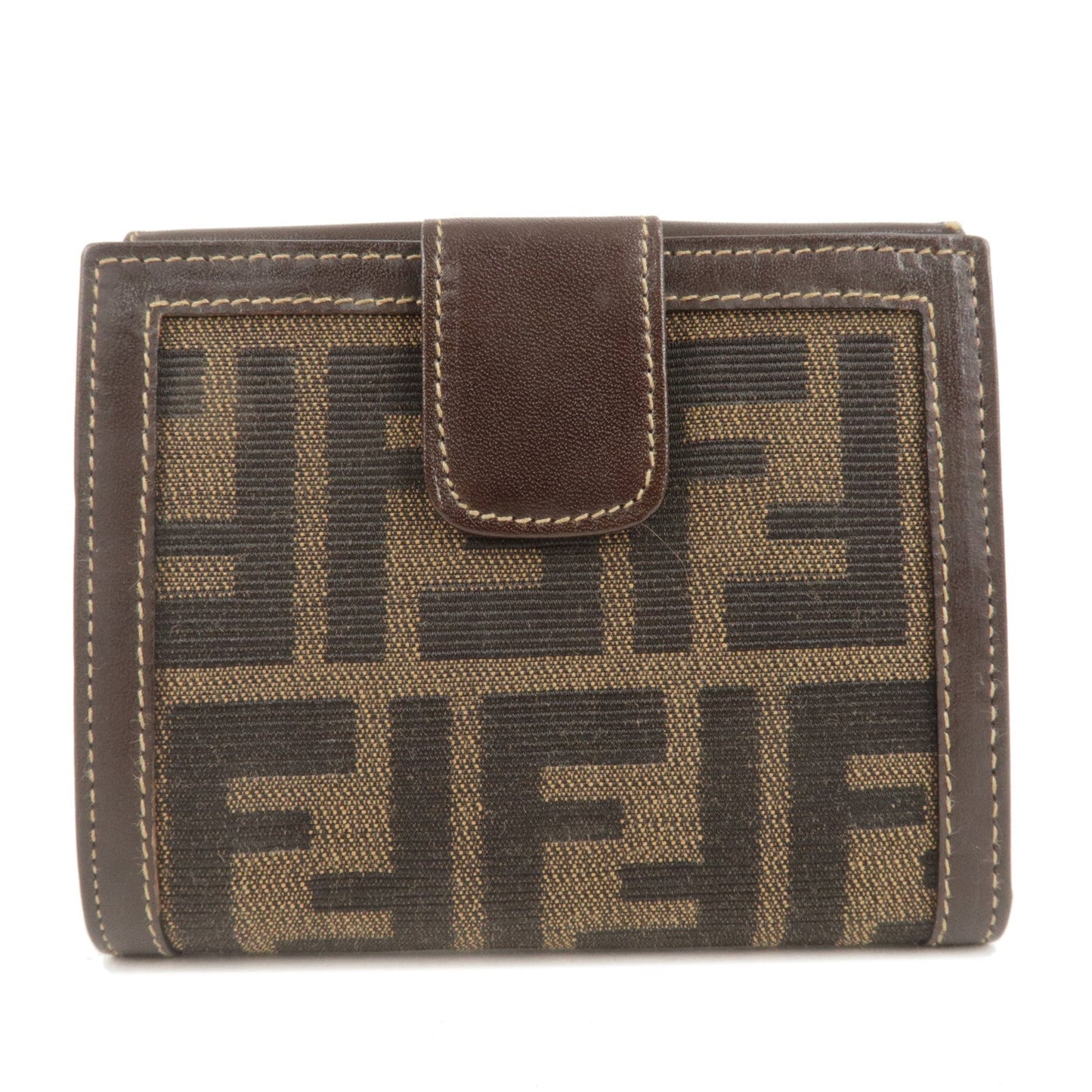 FENDI Zucca Canvas Leather Double Hook Wallet Brown Black 12671