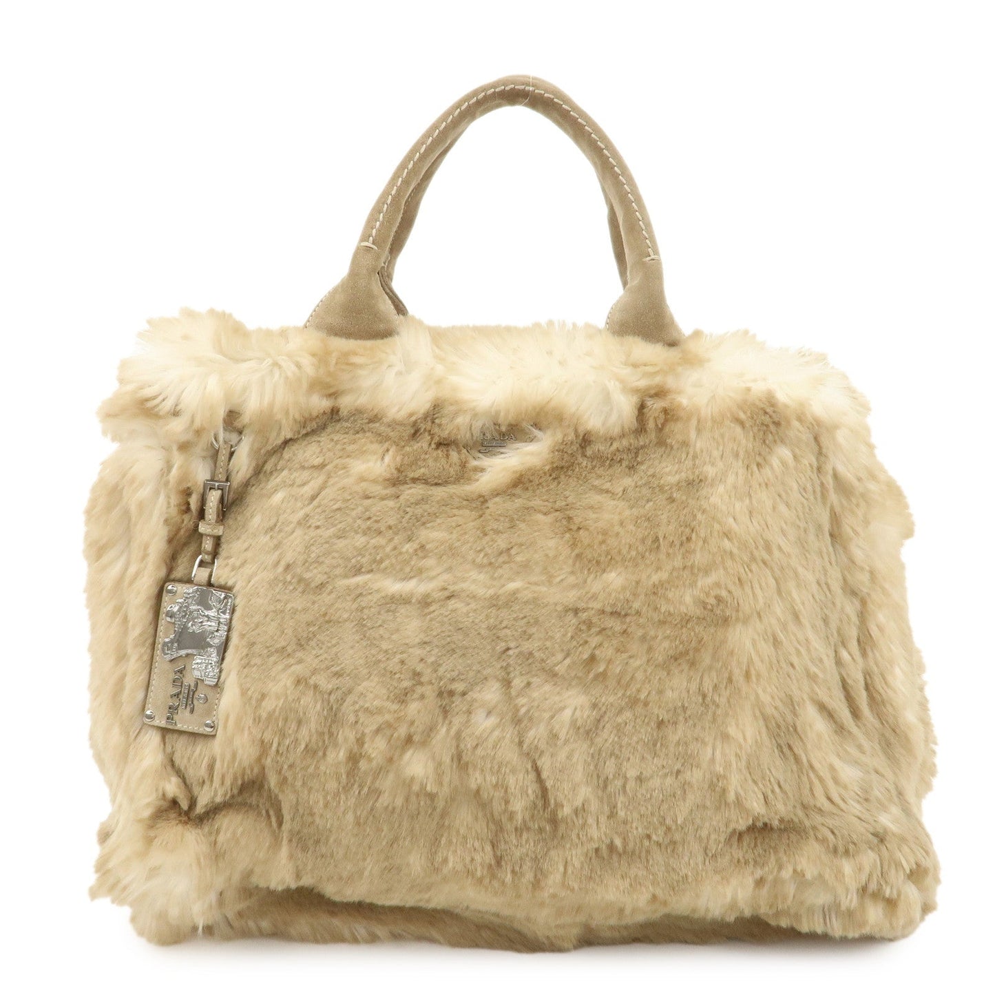 PRADA Eco Lapin Fur Suede Canapa Large Tote Bag Beige BN1918  d