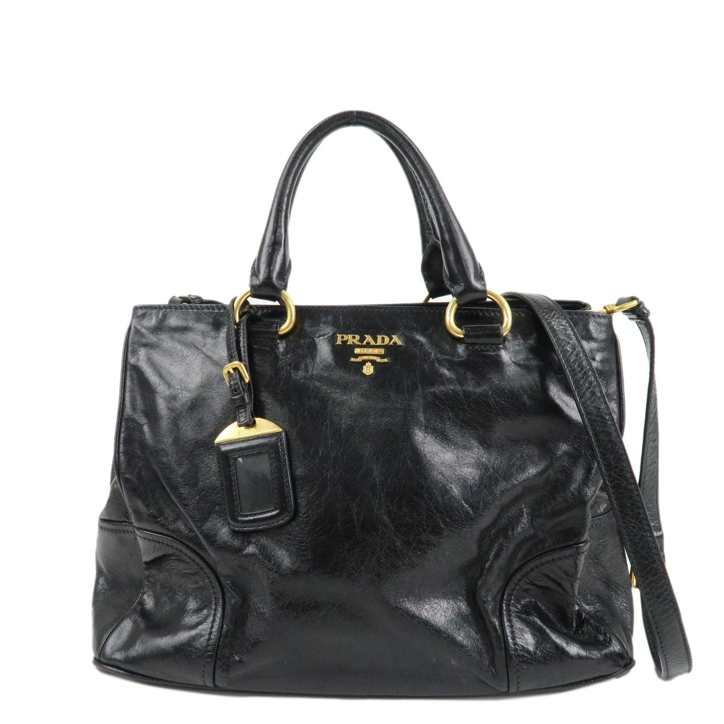 PRADA Leather 2way Bag Hand Bag Shoulder Bag Black Gold HDW  d