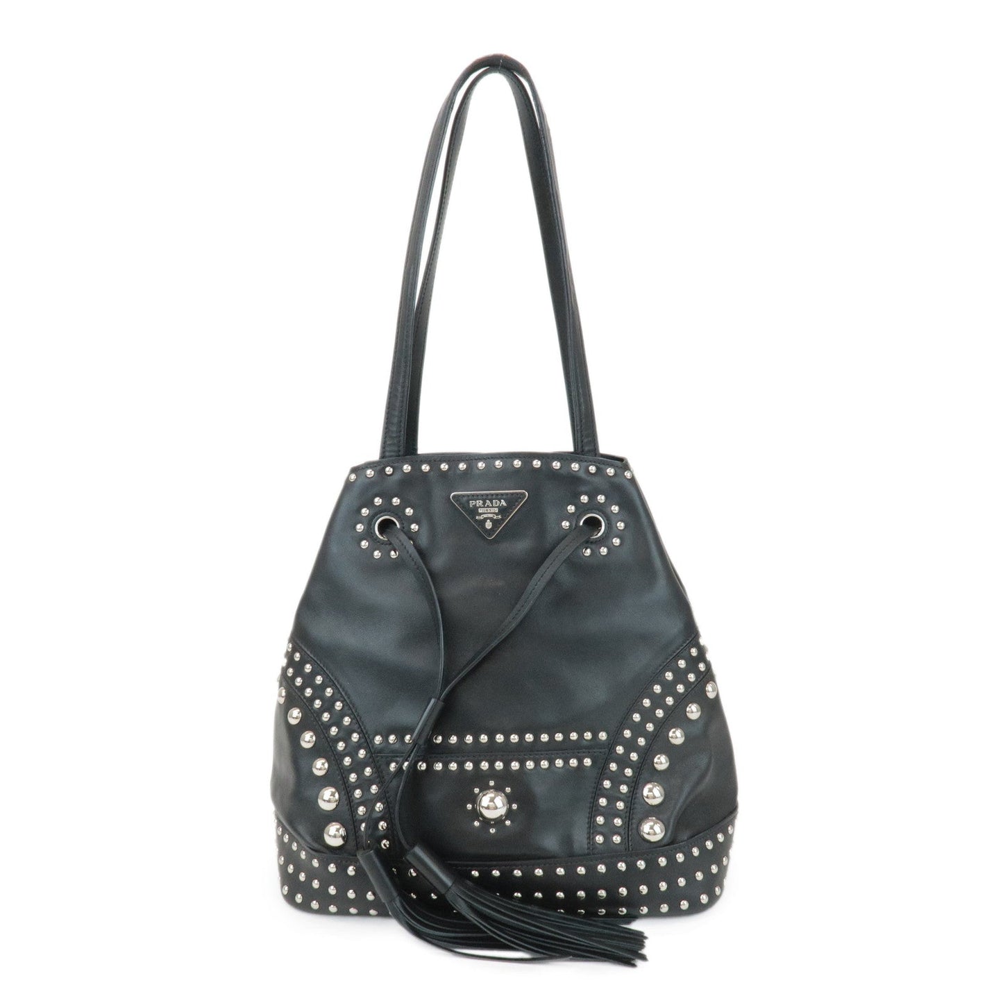 PRADA Calf Leather Drawstring Shoulder Bag Studs Tassel B5061M  d