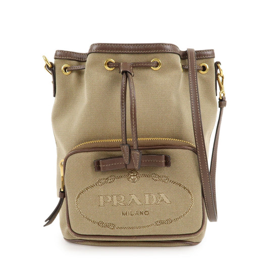 PRADA Logo Jacquard Leather Drawstring Shoulder Bag Beige 1BH038  d