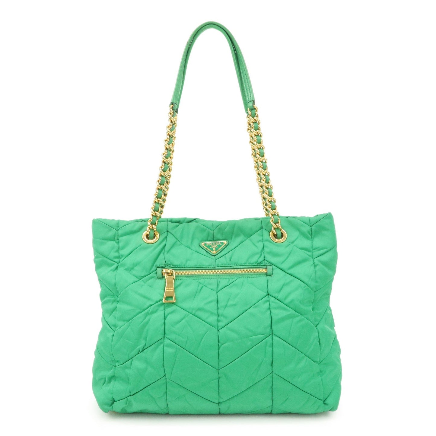 PRADA Triangle Logo Nylon Leather Chain Tote Bag Green BR4383  d