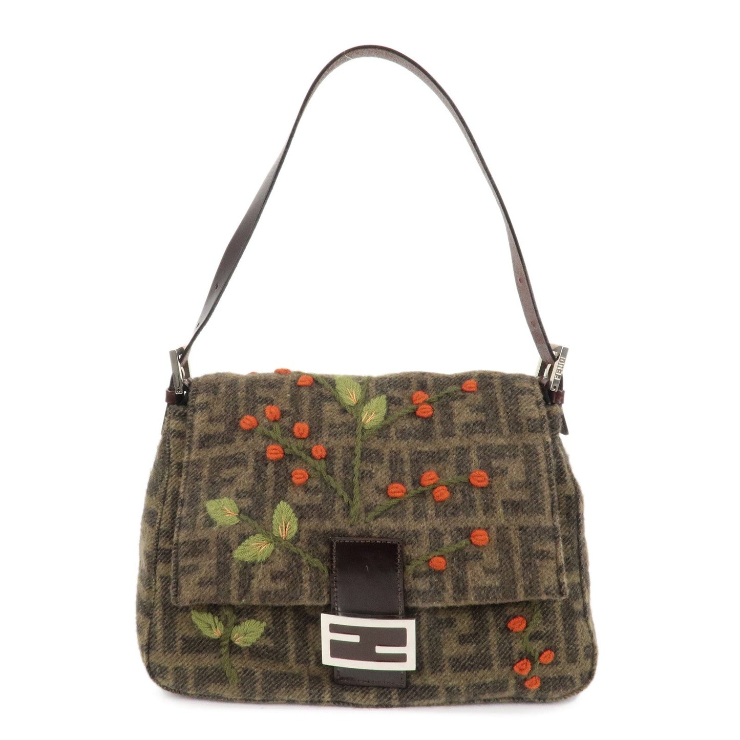 FENDI Mamma Baguette Zucca Wool Leather Shoulder Bag Flower  d