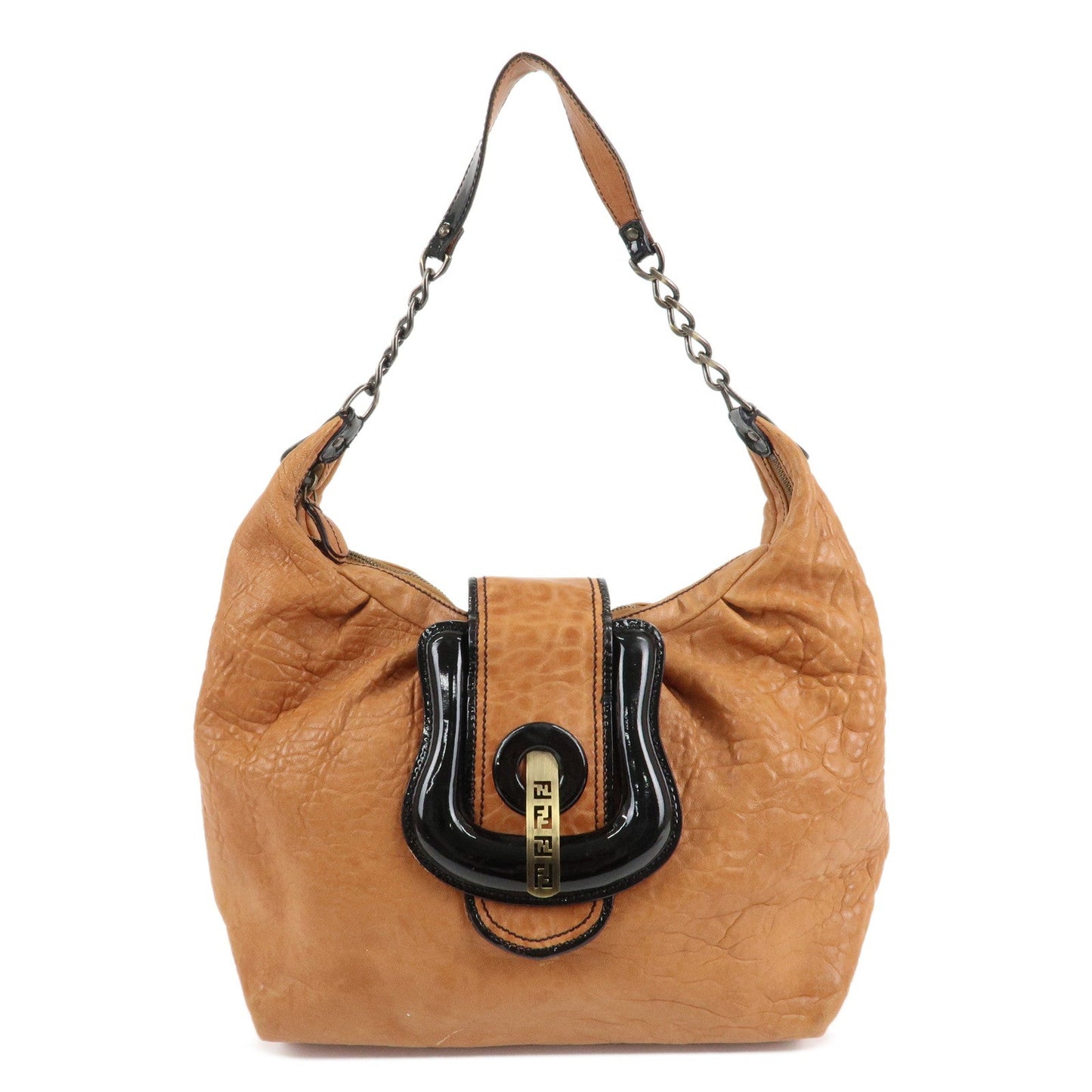 FENDI Leather Patent Leather Chain Shoulder Bag Brown 8BR563  d