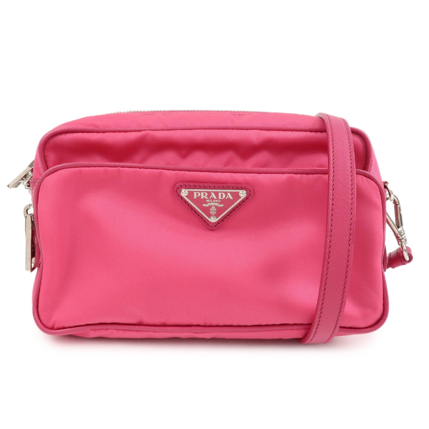 PRADA Triangle Logo Leather Shoulder Bag Pink Silver Hardware  d