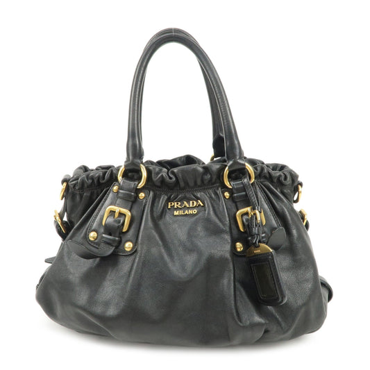PRADA Logo Leather Gathered Hand Bag Black Gold HDW BR4259  d