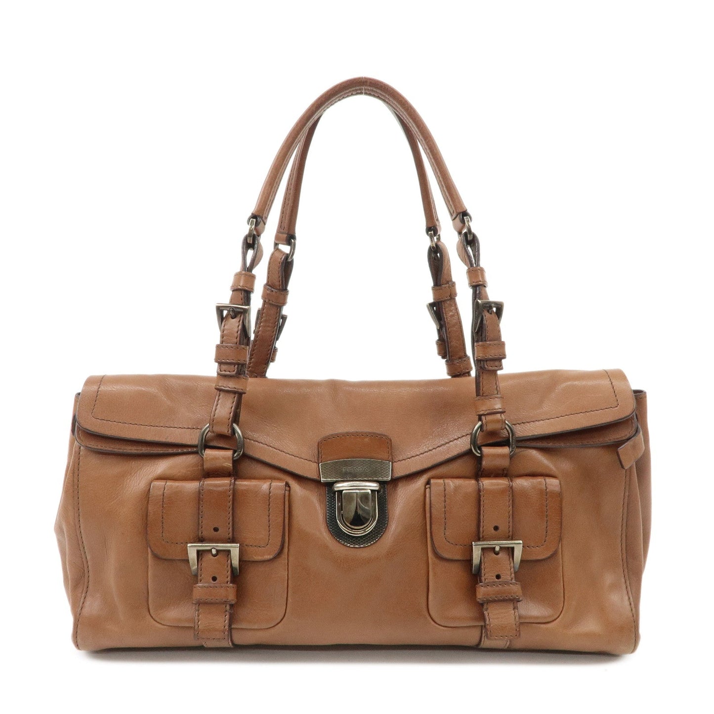 PRADA Logo Leather Shoulder Bag Hand Bag Brown Silver Hardware  d