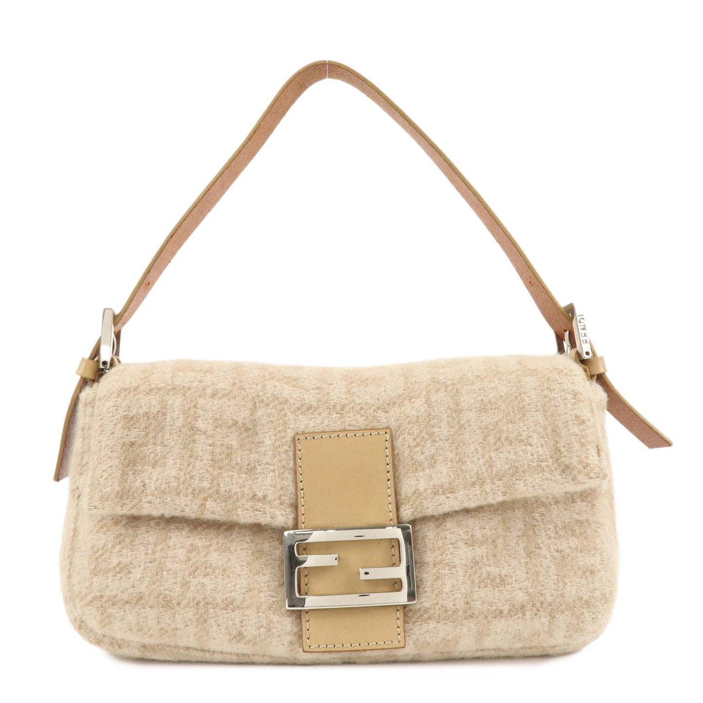 FENDI Mamma Baguette Zucca Wool Leather Shoulder Bag Beige 26424  d