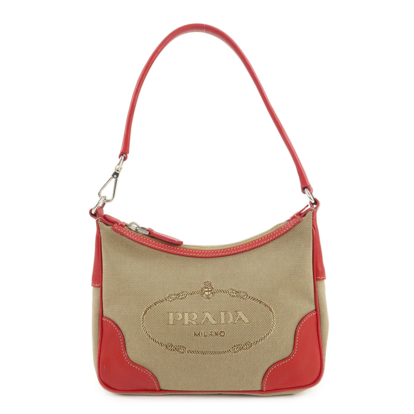 PRADA Logo Jacquard Leather Shoulder Bag Beige Red  d