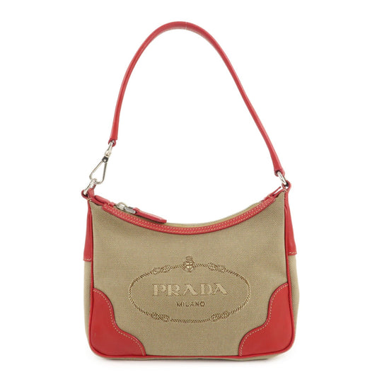 PRADA Logo Jacquard Leather Shoulder Bag Beige Red  d
