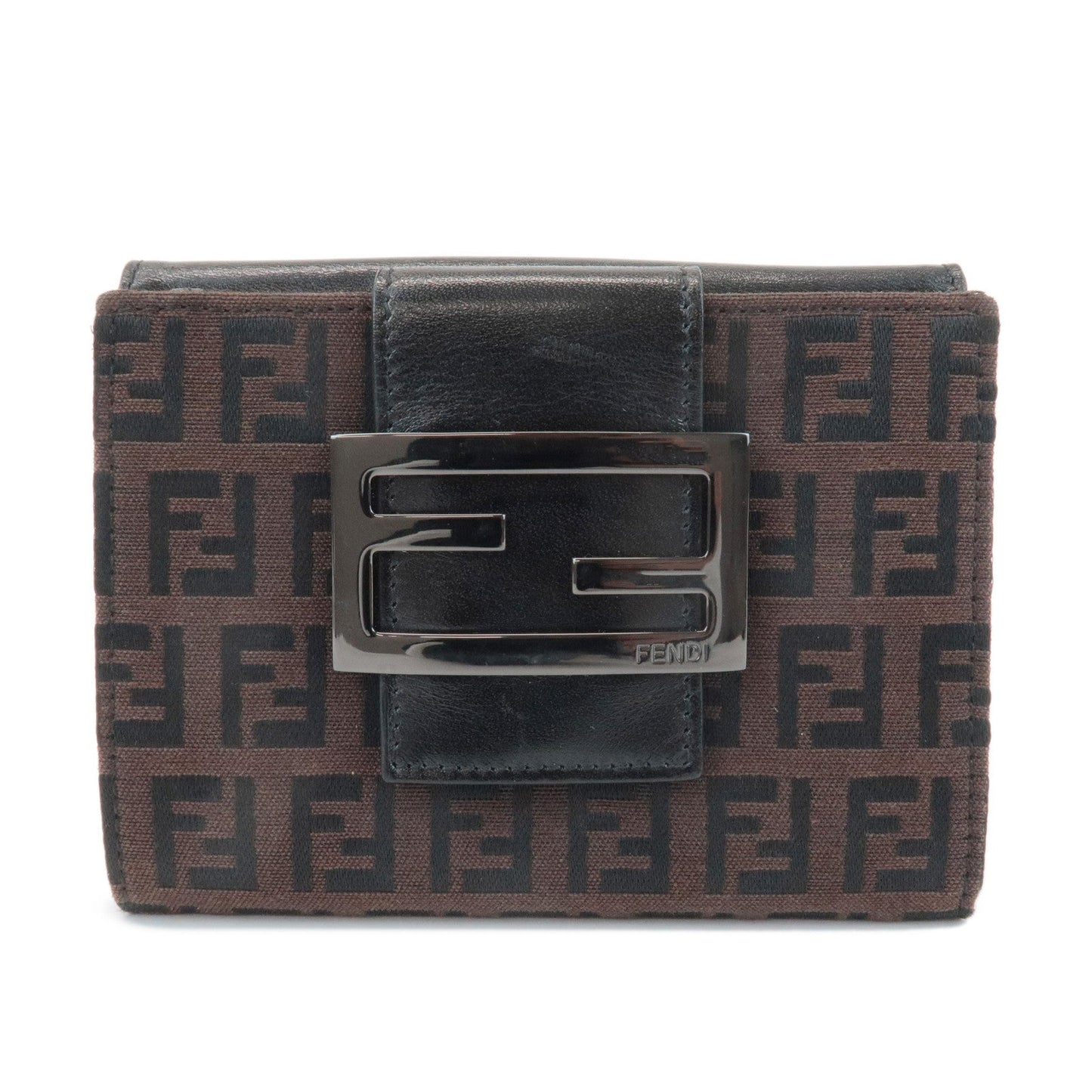 FENDI Zucca Canvas Leather Double Hook Wallet Brown Black 8M0035  d