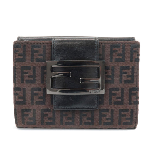 FENDI Zucca Canvas Leather Double Hook Wallet Brown Black 8M0035  d