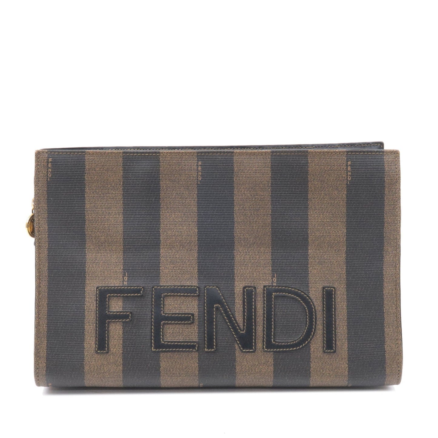 FENDI Pequin PVC Leather Clutch Bag Black Khaki