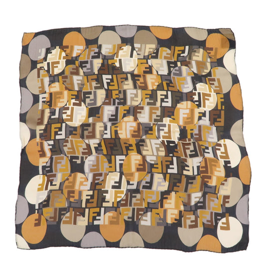 FENDI Silk 100% Scarf Logo Print Multi Color Brown