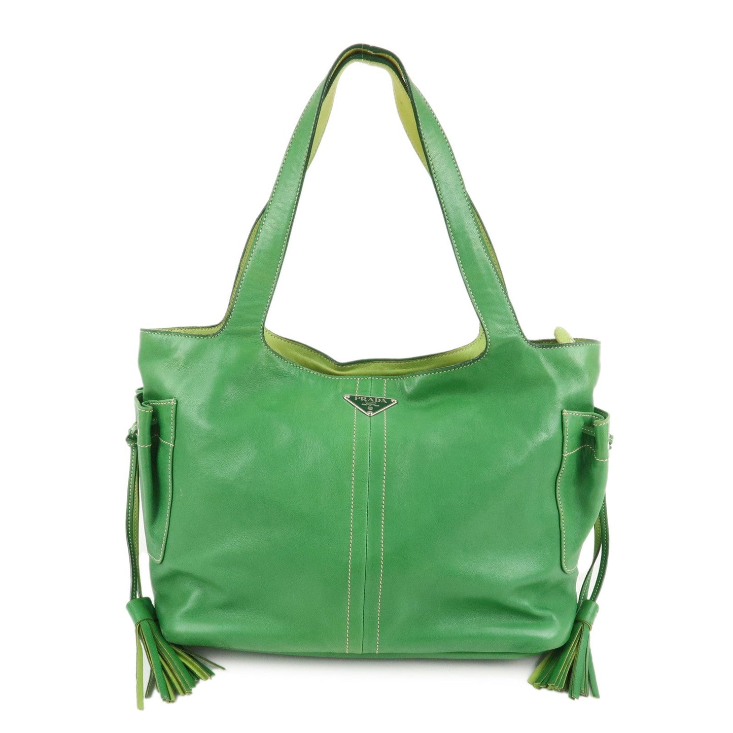 PRADA Logo Leather Tassel Shoulder Bag Hand Bag Green  d