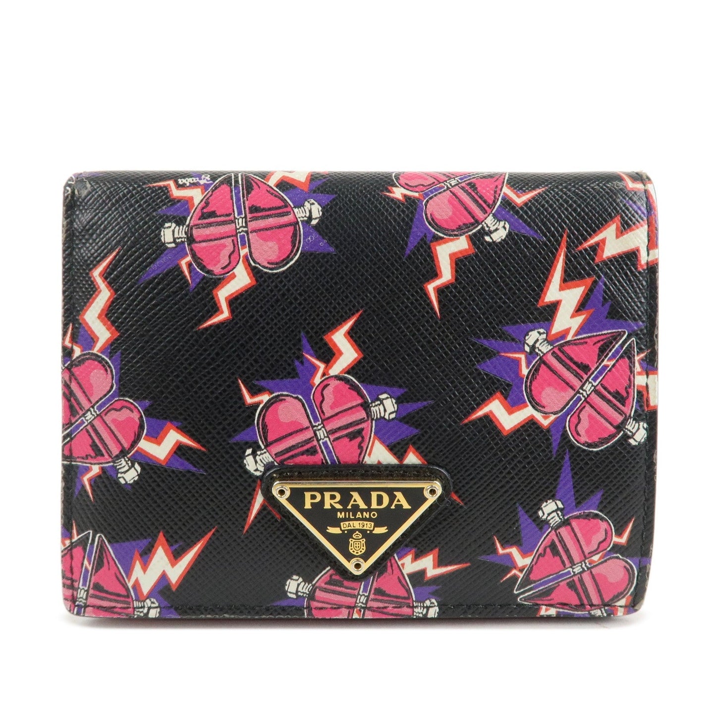 PRADA Logo Saffiano Leather Heart Print Bi-fold Wallet 1MV204  d