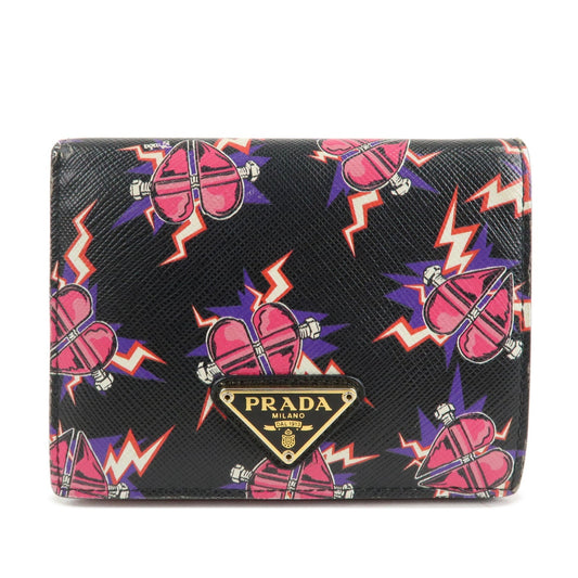 PRADA Logo Saffiano Leather Heart Print Bi-fold Wallet 1MV204  d