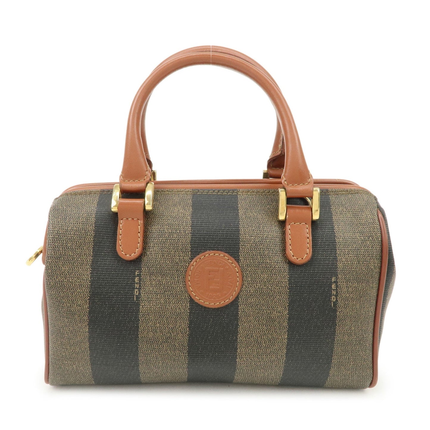 FENDI Pequin PVC Leather 2Way Mini Boston Bag Brown Black  d