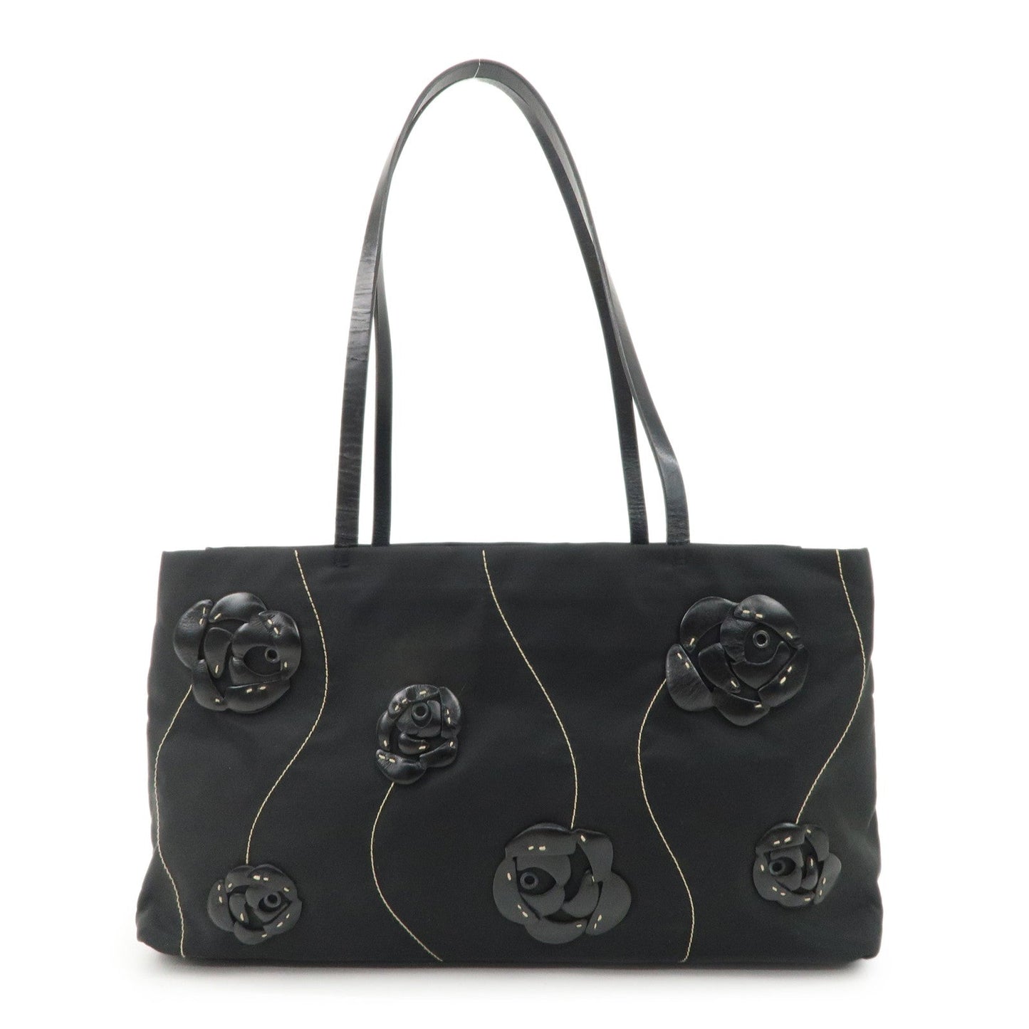 PRADA Traiangle Logo Nylon Leather Flower Tote Bag Black B11033  d
