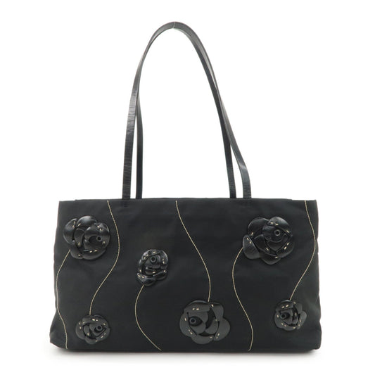 PRADA Traiangle Logo Nylon Leather Flower Tote Bag Black B11033  d
