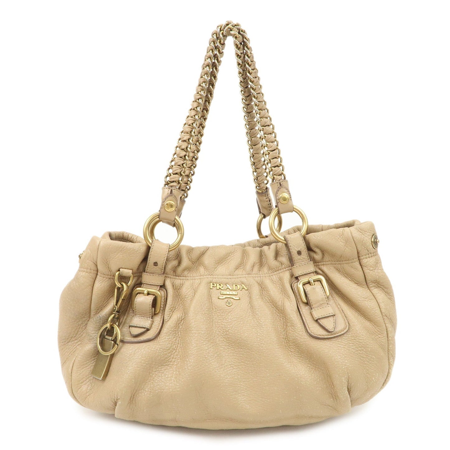 PRADA Leather Chain Shoulder Bag Beige  d