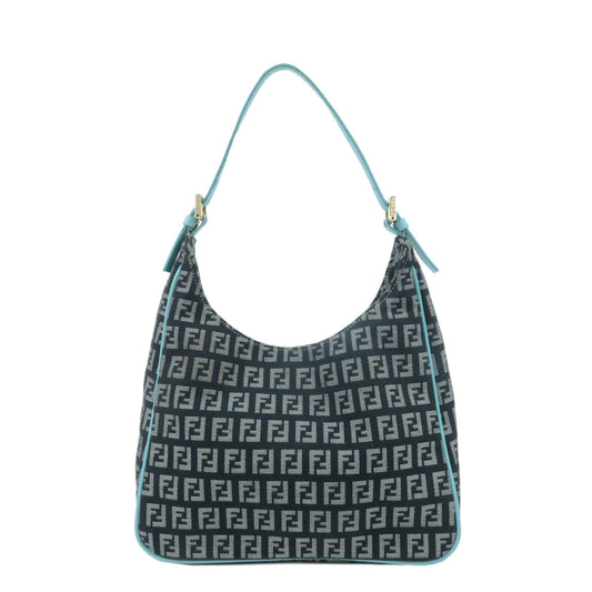 FENDI Zucchino Canvas Leather Shoulder Bag Black White Blue 8BR158  d