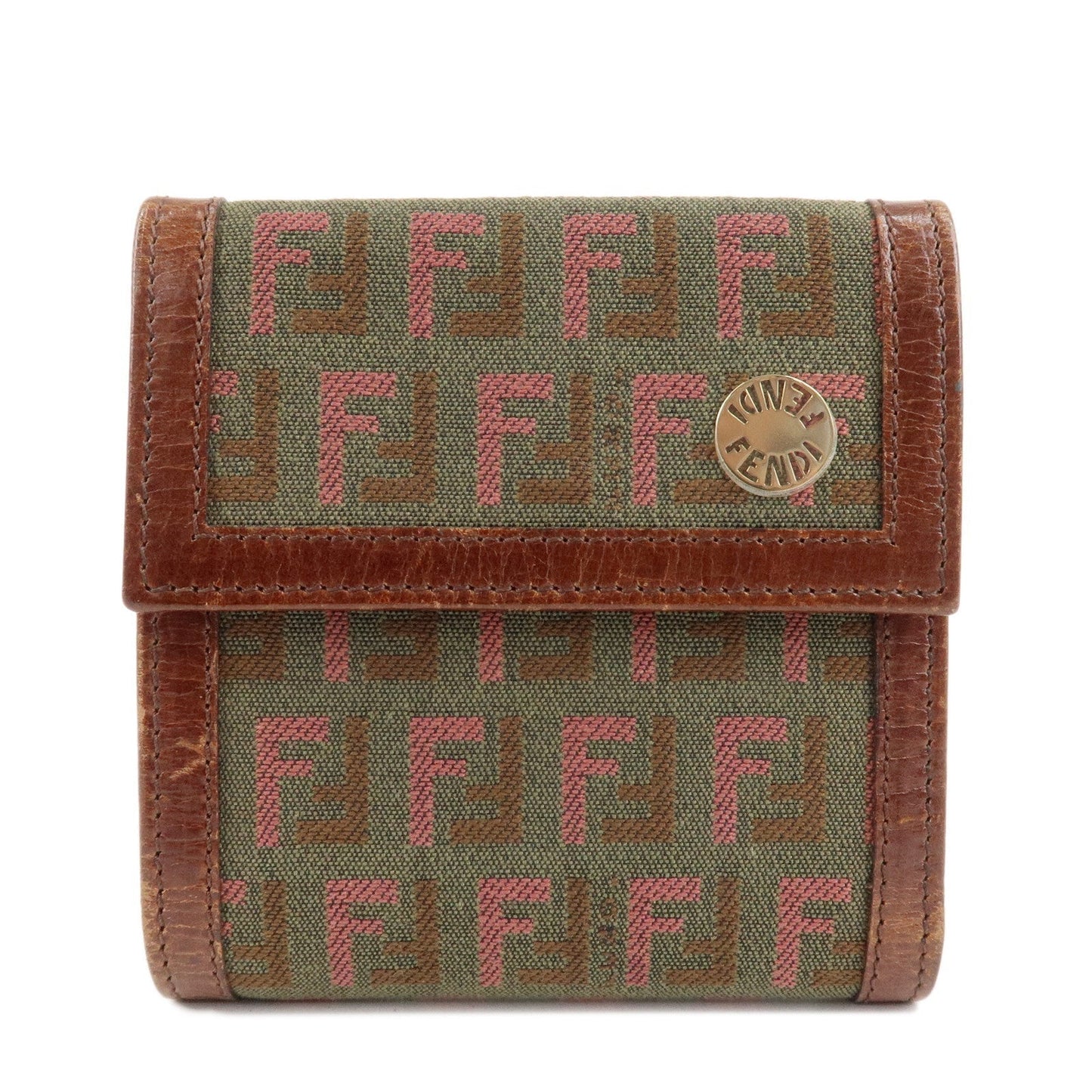 FENDI Zucchino Canvas Leather Tri-fold Wallet Khaki 8M0161  d
