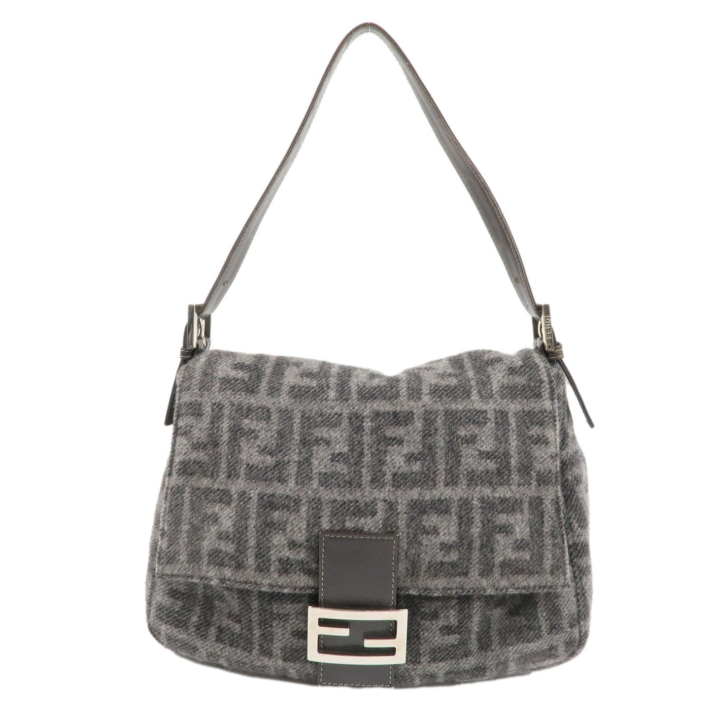 FENDI Zucca Mamma Baguette Wool Leather Shoulder Bag Gray 26325