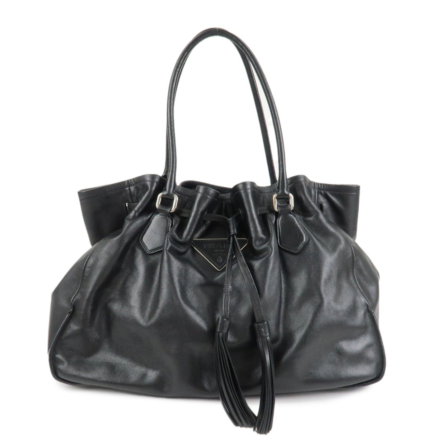 PRADA Triangle Logo Leather Tote Bag Black  d