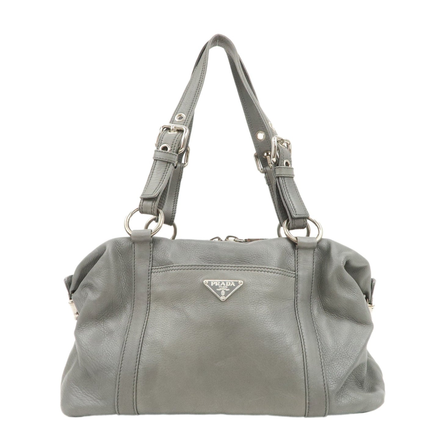 PRADA Leather Boston Bag Shoulder Bag Gray Silver Hardware  d