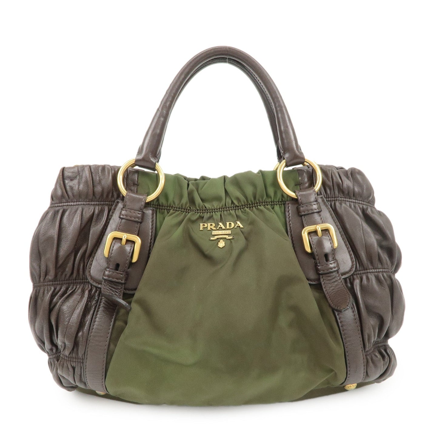 PRADA Nylon Leather Gathered Hand Bag Green Brown BN1793  d