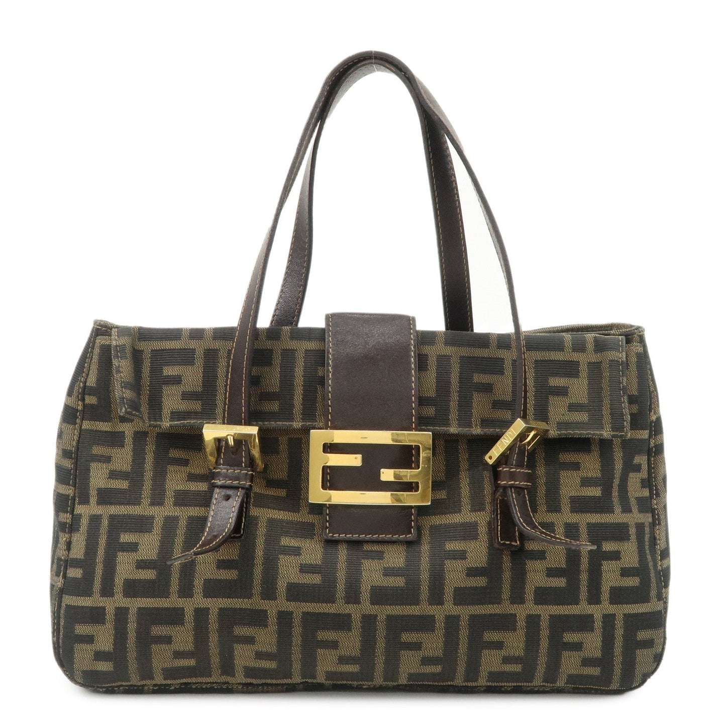 FENDI Zucca Canvas Leather Hand Bag Brown Black Gold Hardware  d