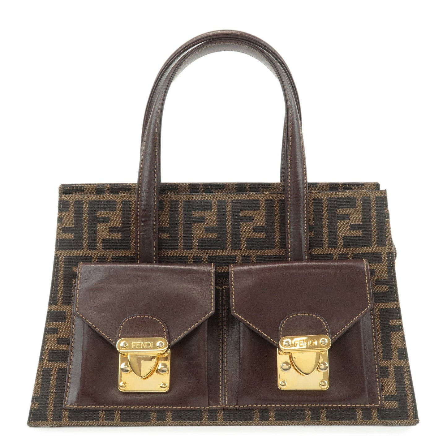 FENDI Zucca Canvas Leather Boston Bag Hand Bag Brown Black  d