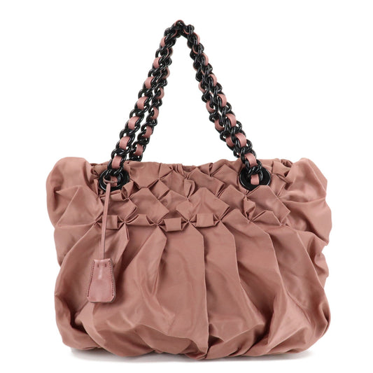 Prada Nylon Leather Gathered Chain Shoulder Tote Bag Pink Black  d